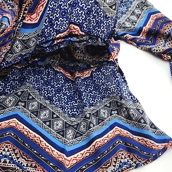 New Look Boho V Neck Long Sleeve Top Blue Red Grey Print Lightweight Size  M - Picture 6 of 11
